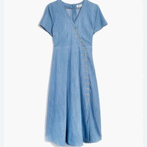 Indigo Button-Wrap Midi Dress Madewell Blue V-Neck Short Sleeve Sundress